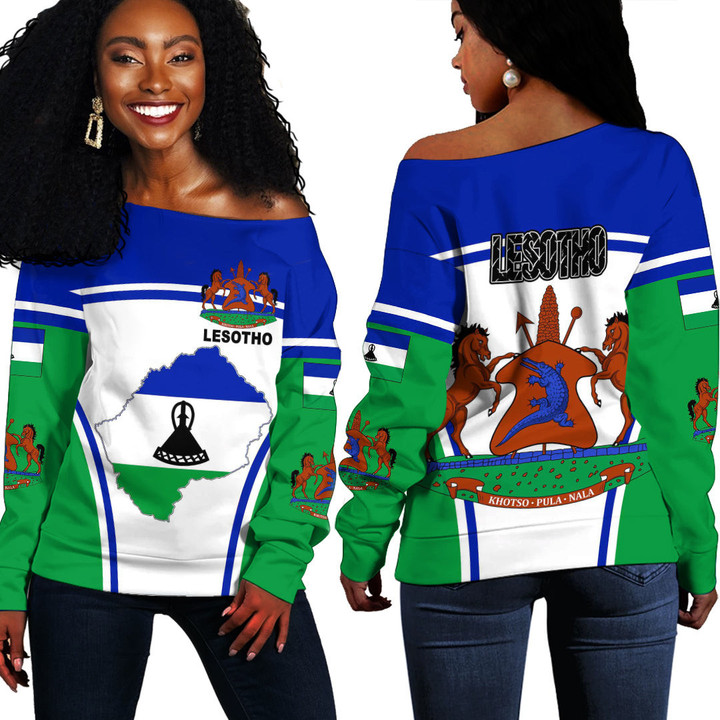 1sttheworld Clothing -  Lesotho Active Flag Off Shoulder Sweater A35
