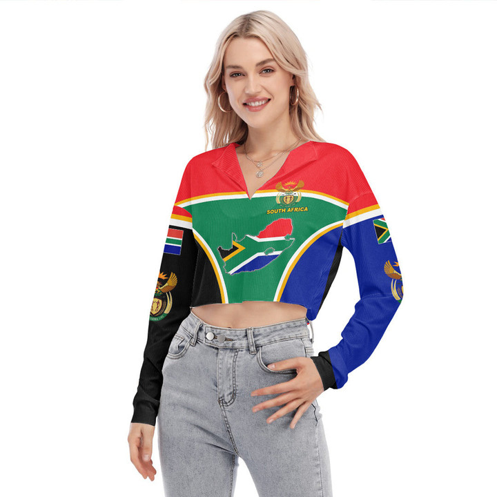 1sttheworld Clothing - South Africa Active Flag Women's V-neck Lapel Long Sleeve Cropped T-shirt A35