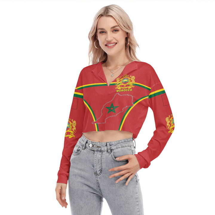 1sttheworld Clothing - Morocco Active Flag Women's V-neck Lapel Long Sleeve Cropped T-shirt A35