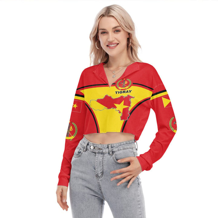 1sttheworld Clothing - Tigray Active Flag Women's V-neck Lapel Long Sleeve Cropped T-shirt A35