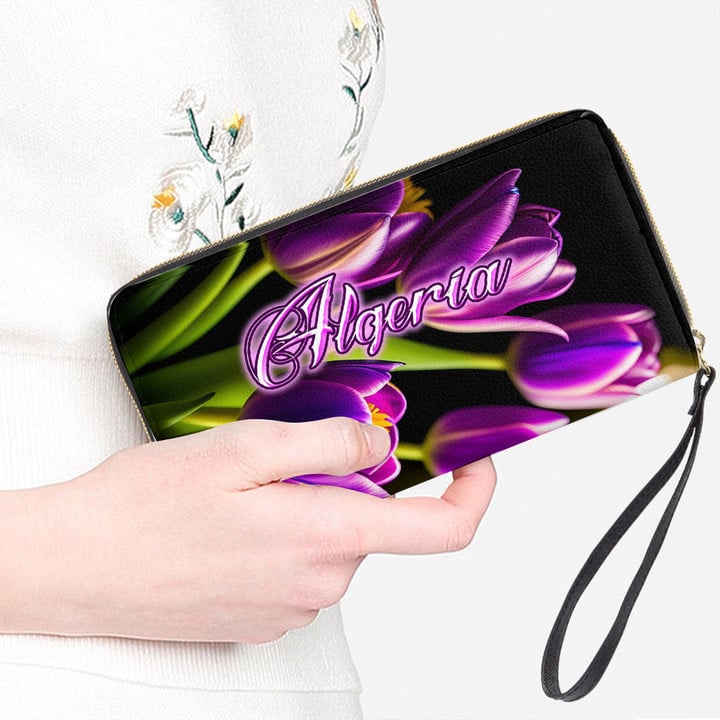 Algeria Women's Leather Wallet - Pretty Purple Tulips (You can Personalize Custom Text) A7 | 1sttheworld