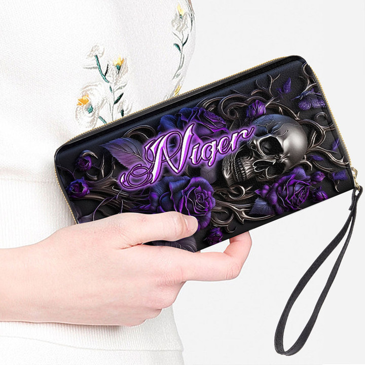 Niger Women's Leather Wallet - Purple Roses with Skull (You can Personalize Custom Text) A7 | 1sttheworld