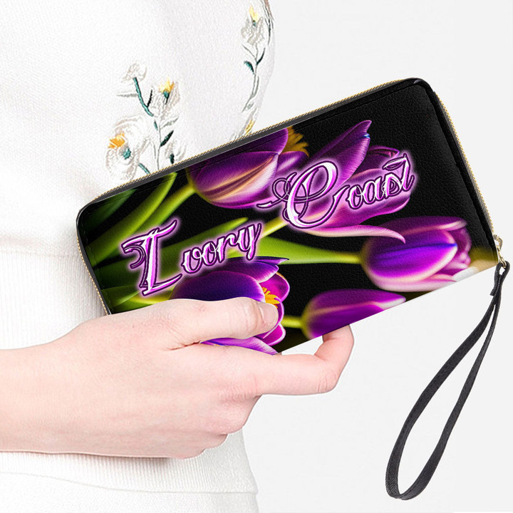Ivory Coast Women's Leather Wallet - Pretty Purple Tulips (You can Personalize Custom Text) A7 | 1sttheworld