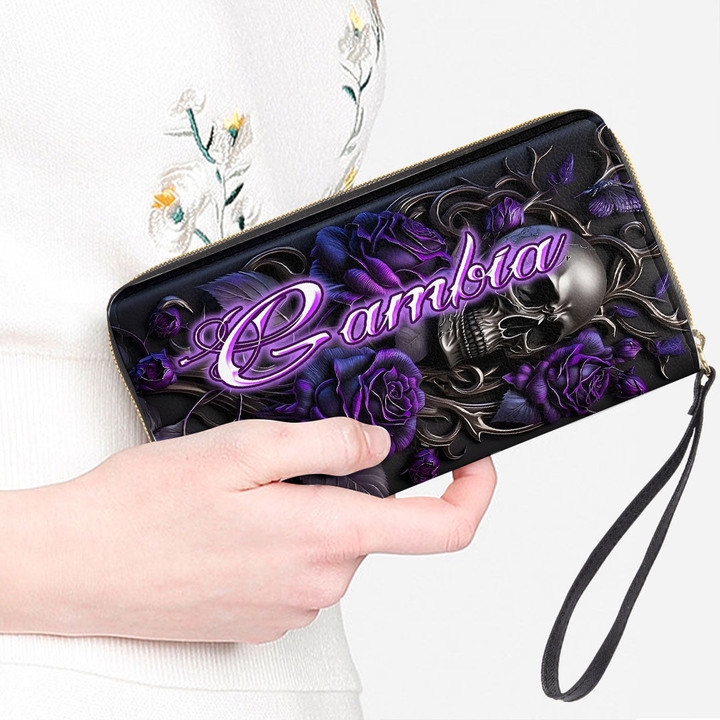 Gambia Women's Leather Wallet - Purple Roses with Skull (You can Personalize Custom Text) A7 | 1sttheworld