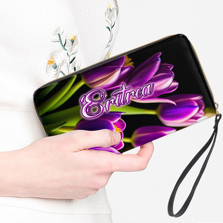Eritrea Women's Leather Wallet - Pretty Purple Tulips (You can Personalize Custom Text) A7 | 1sttheworld