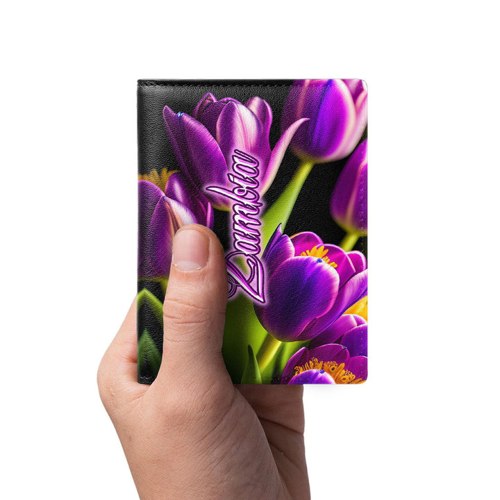 Zambia Men's Leather Wallet - Pretty Purple Tulips (You can Personalize Custom Text) A7 | Africazone