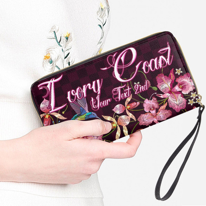 Ivory Coast Women's Leather Wallet - Humming Bird And Orchid Embroideries (You can Personalize Custom Text) A7 | Africazone