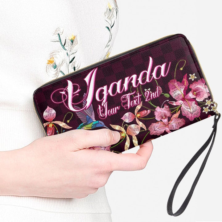 Uganda Women's Leather Wallet - Humming Bird And Orchid Embroideries (You can Personalize Custom Text) A7 | Africazone