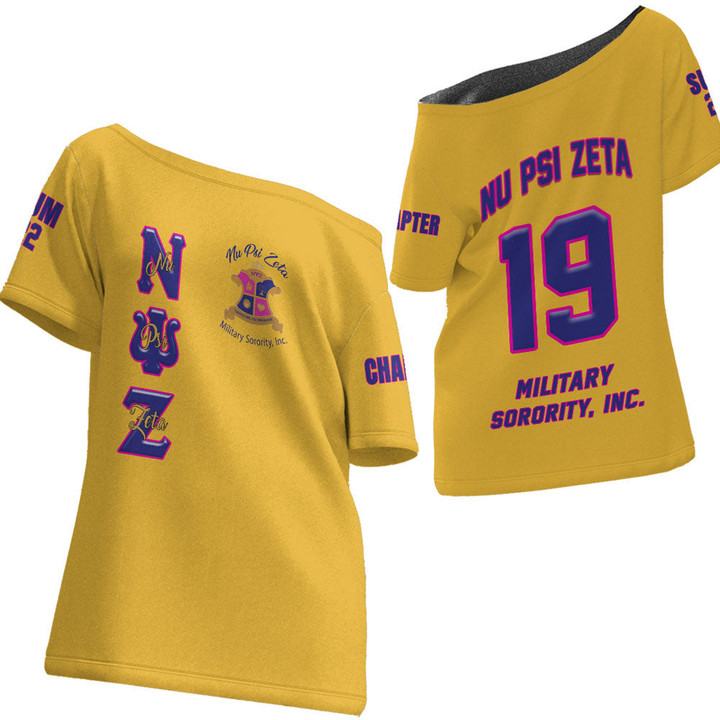 Getteestore Off Shoulder T-Shirt - Nu Psi Zeta Military Sorority