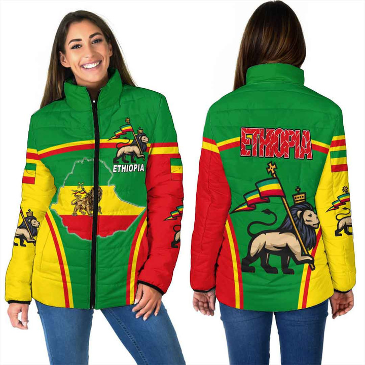 GetteeStore Clothing - Ethiopia Lion Active Flag Women Padded Jacket a35