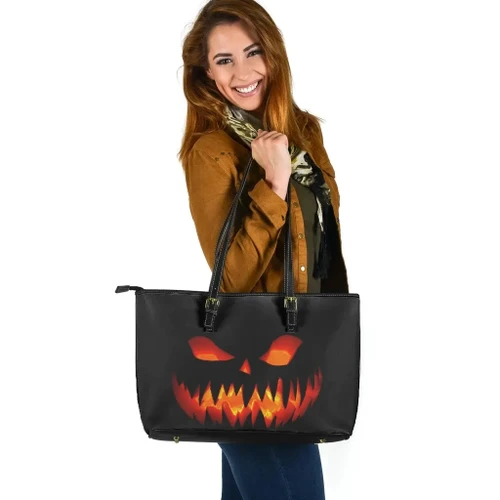 Scary Pumpkin Halloween Leather Tote Bag #Halloween