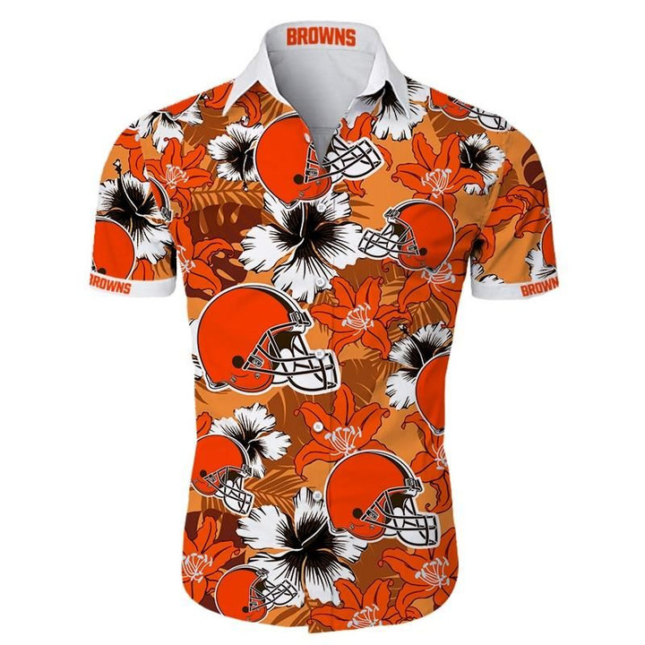Cleveland Browns Hawaiian Shirt Tropical Flower Short Sleeve Slim Fit Body - NFL