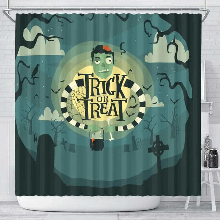Halloween Trick Or Treat Shower Curtain Cute Green Zombie #Halloween