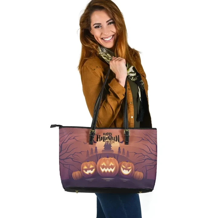 Happy Halloween Leather Tote Bag Halloween Castle Pumpkin #Halloween