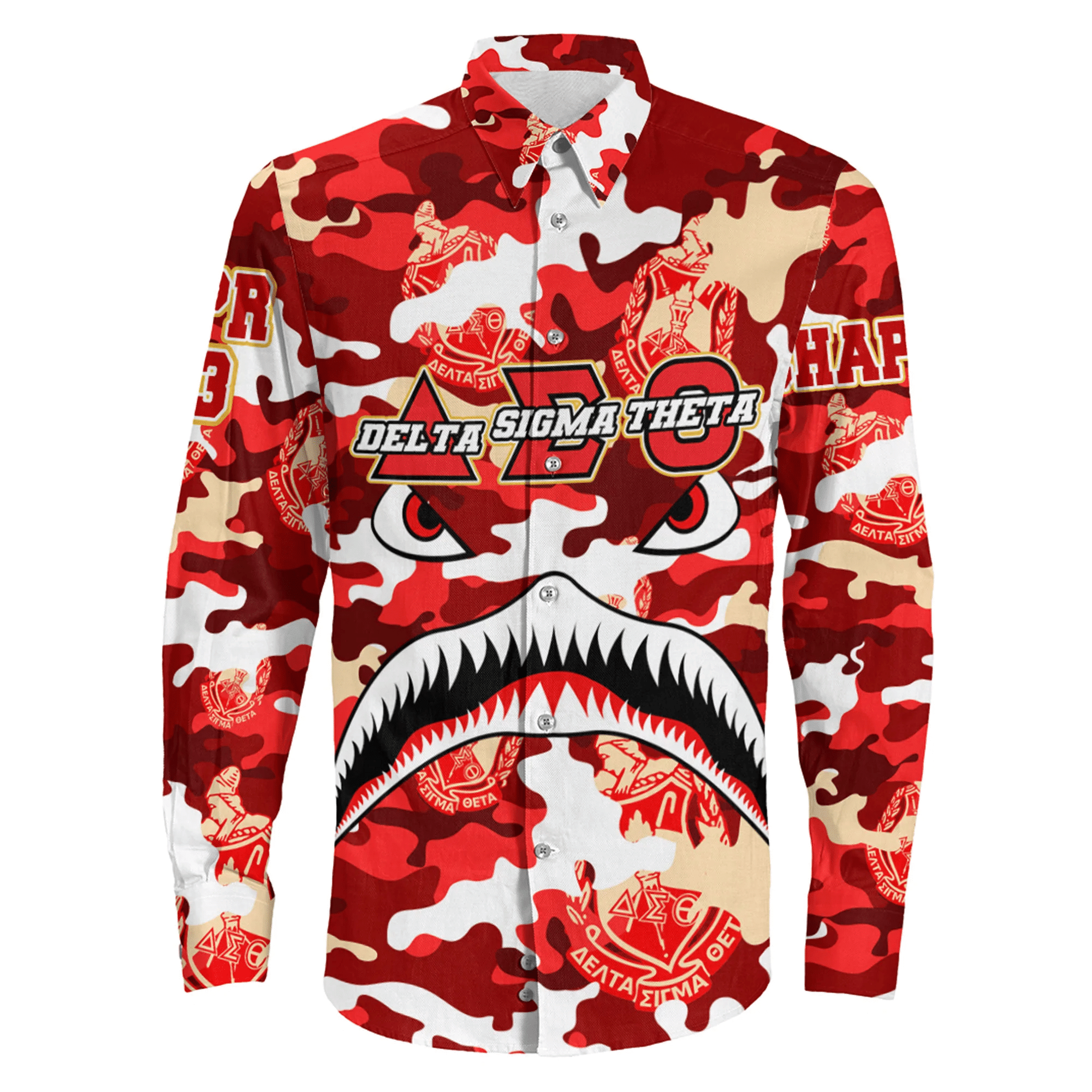 AmericansPower Clothing - Delta Sigma Theta Full Camo Shark Long Sleeve Button Shirt A7 | AmericansPower