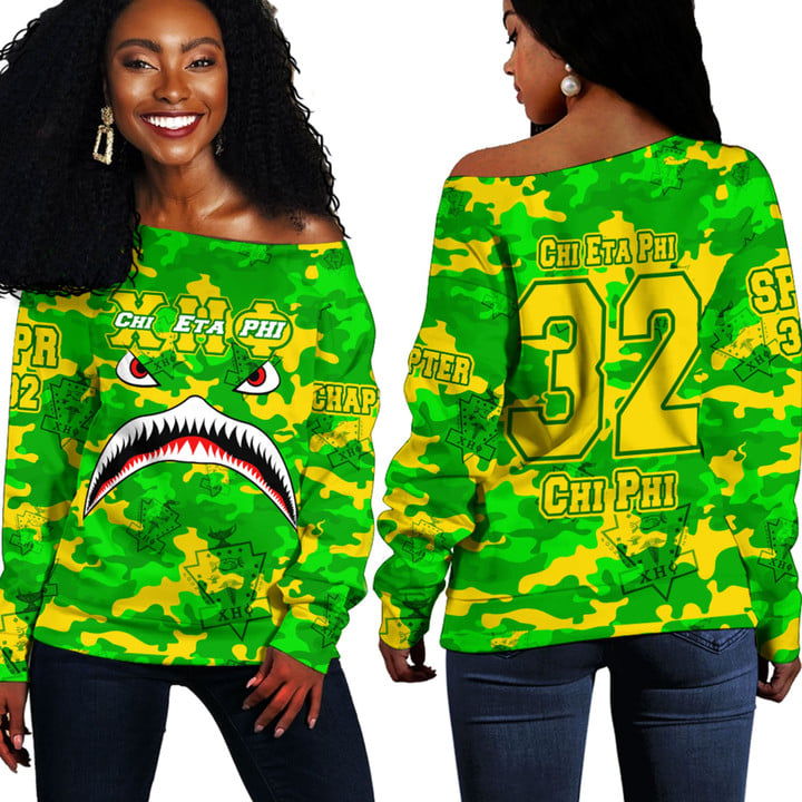 AmericansPower Clothing - Chi Eta Phi Full Camo Shark Off Shoulder Sweaters A7 | AmericansPower