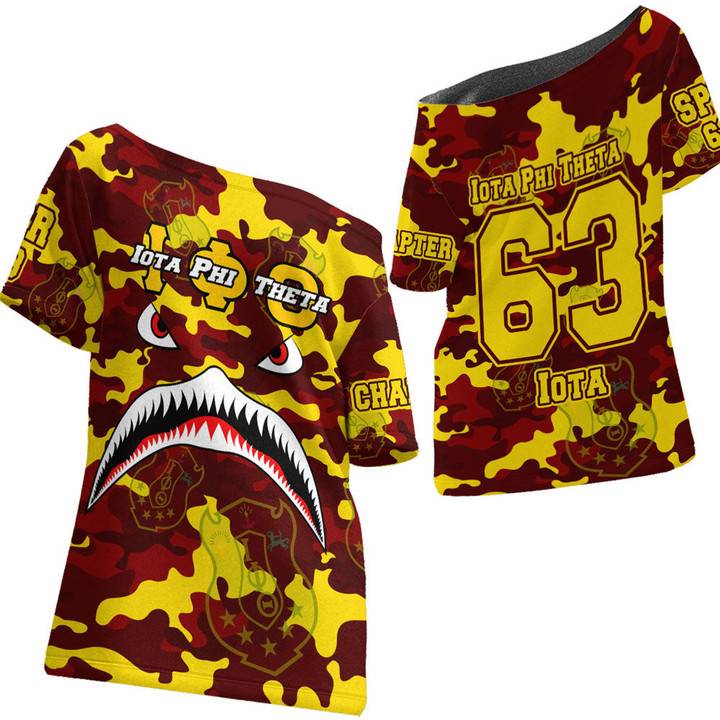 1stScotland Clothing - Iota Phi Theta Full Camo Shark Off Shoulder T-Shirt A7 | 1stScotland