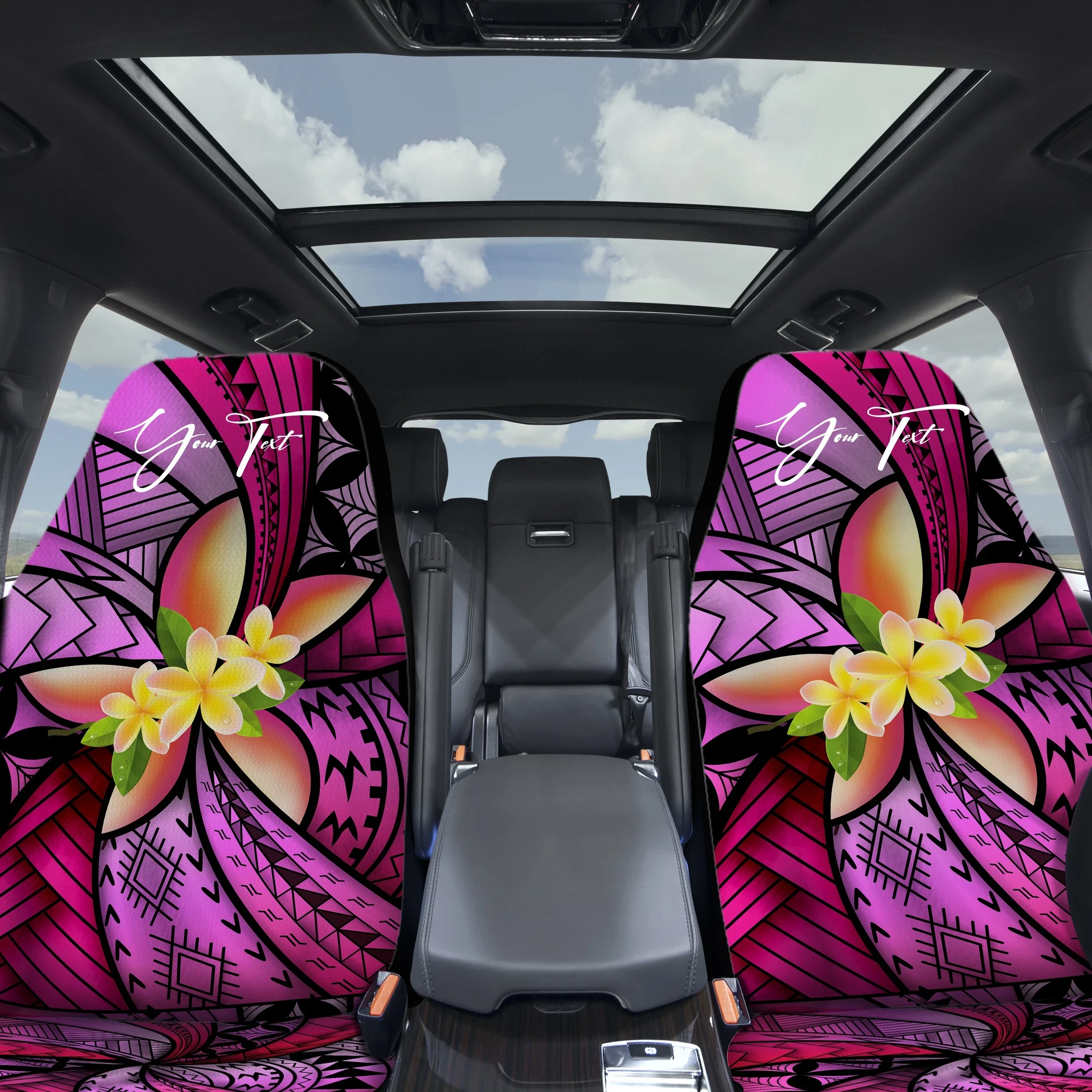 (Custom) Polynesian Car Seat Covers, Polynesian Plumeria Pink Personal Signature A24