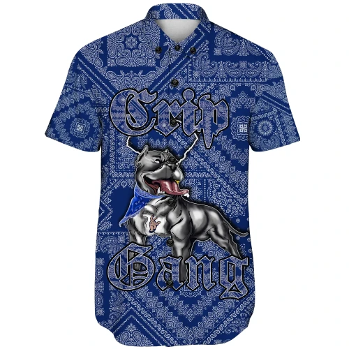 Crips Gang Bulldog Short Sleeve Shirt - Blue Paisley A31