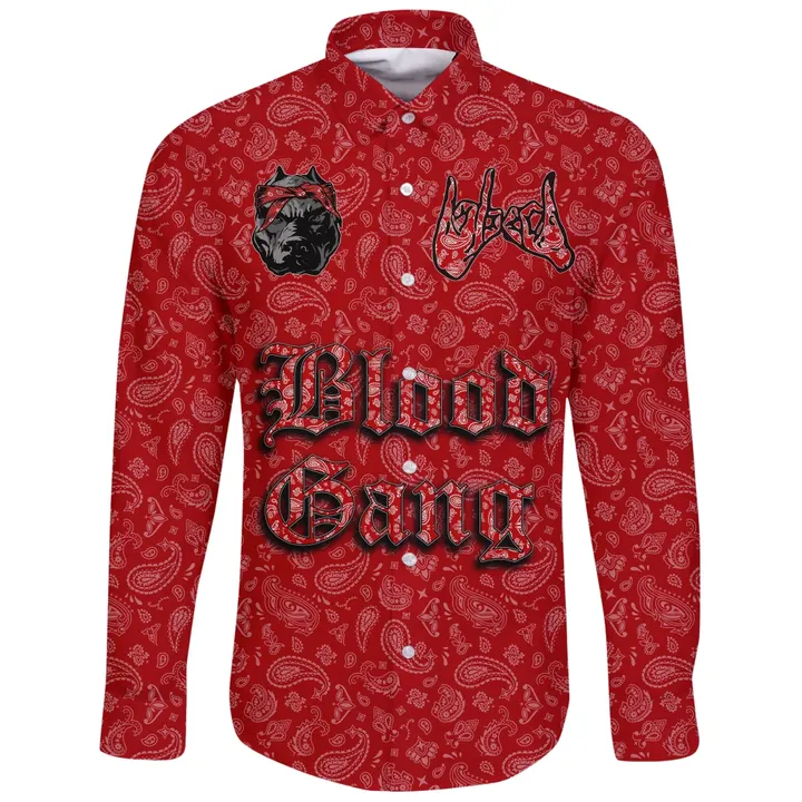 (Custom) Blood Gang Long Sleeve Button Shirt Red Bandana A31