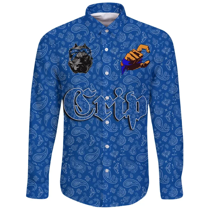 (Custom) Crips Gang Long Sleeve Button Shirt Blue Bandana A31
