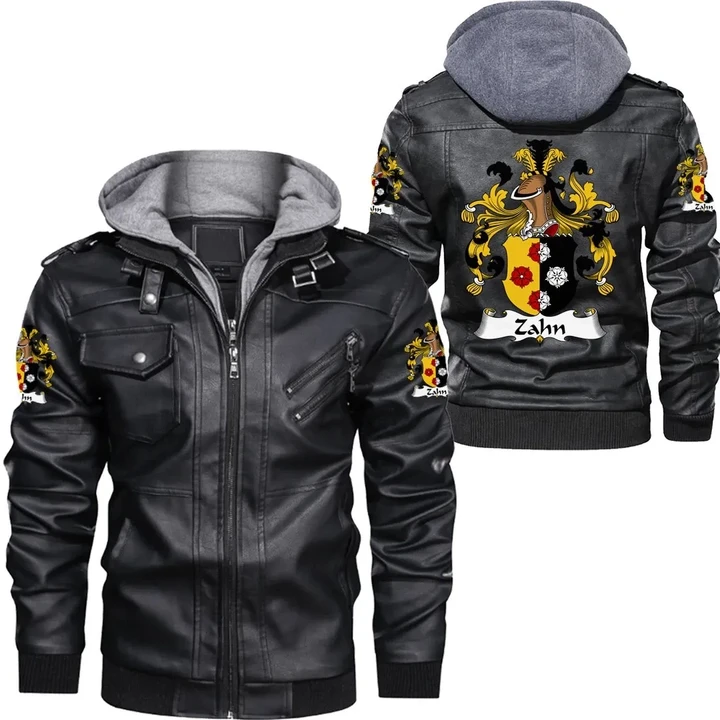 Zahn Germany Family Crest Zipper Leather Jacket | Over 2000 German Family Crests | Fast International Shipping