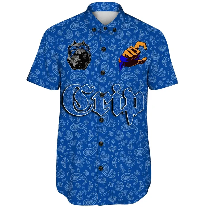 (Custom) Crips Gang Short Sleeve Shirt Blue Bandana A31