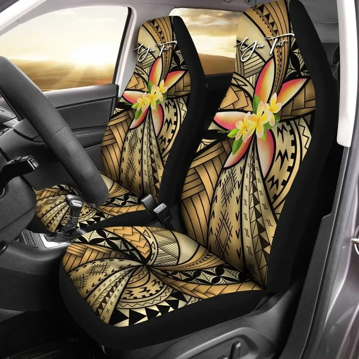 (Custom) Polynesian Car Seat Covers, Polynesian Plumeria Gold Personal Signature A24