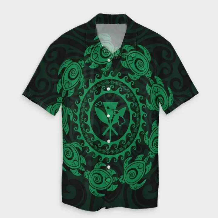 AmericansPower Shirt - Hawaiian Map Kanaka Turtles Circle Style Green Polynesian Hawaiian Shirt