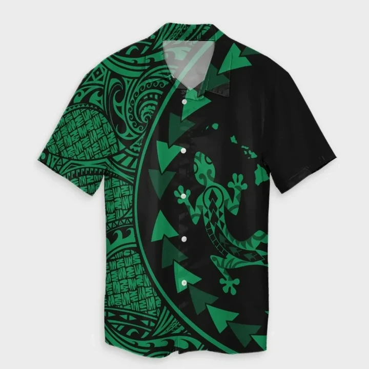 AmericansPower Shirt - Hawaiian Map Gecko Tattoo Kakau Polynesian Hawaiian Shirt Green