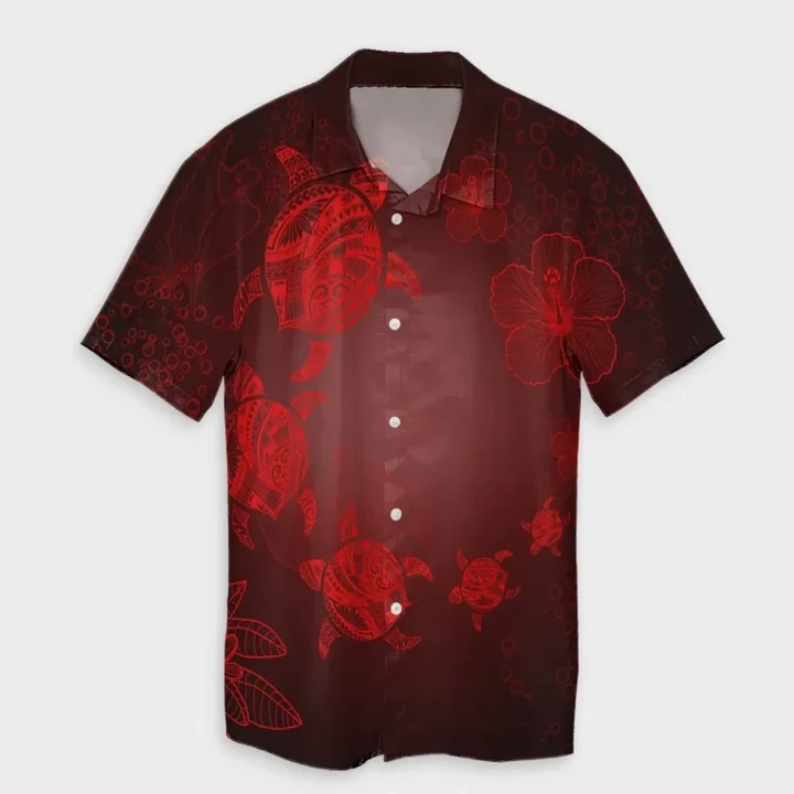AmericansPower Shirt - Hawaiian Plumeria Hibiscus Turtle Under Sea Polynesian Hawaiian Shirt Red