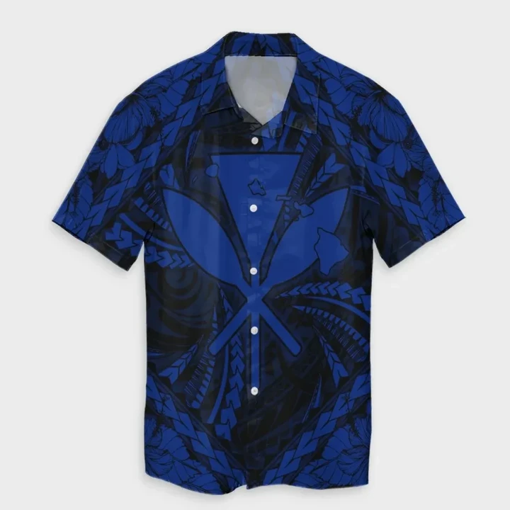 AmericansPower Shirt - Hawaiian Map Kanaka Hibiscus Blue Polynesian Hawaiian Shirt