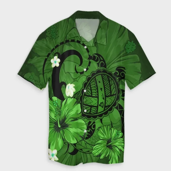 AmericansPower Shirt - Hawaiian Map Big Turtle Hibiscus Plumeria Tribal Polynesian Hawaiian Shirt Green