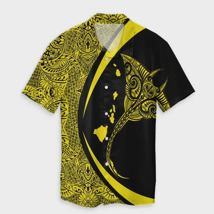 AmericansPower Shirt - Hawaiian Map Manta Ray Polynesian Hawaiian Shirt Yellow Circle Style