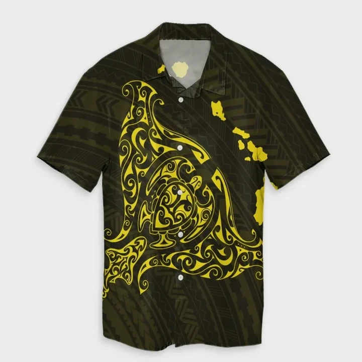 AmericansPower Shirt - Hawaiian Map Manta Ray Yellow Polynesian Hawaiian Shirt