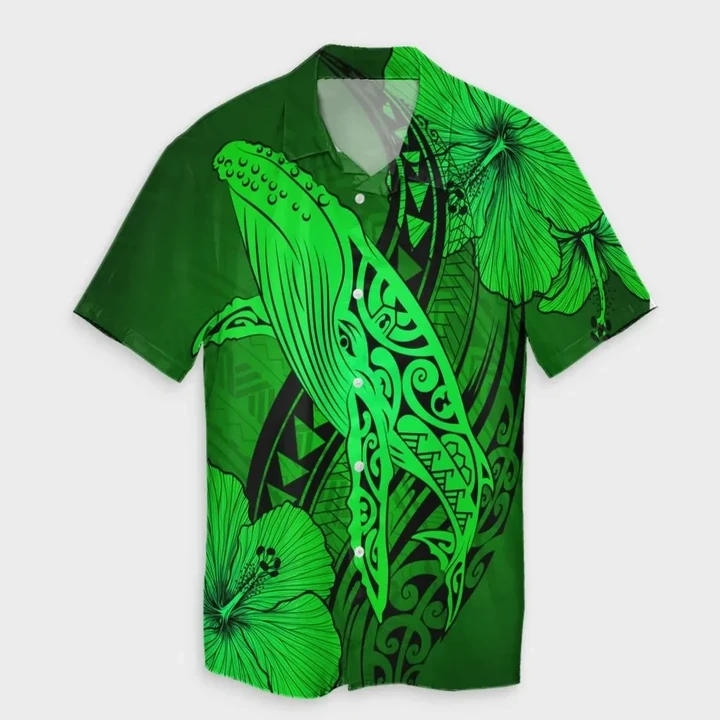 AmericansPower Shirt - Hawaiian Map Whale Swim Hibiscus Polynesian Hawaiian Shirt Green