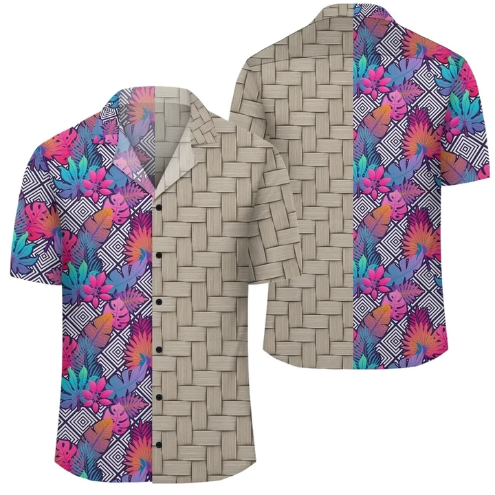 AmericansPower Shirt - Tropical Exotic Leaves And Flowers On Geometrical Ornament Lauhala Moiety Hawaiian Shirt