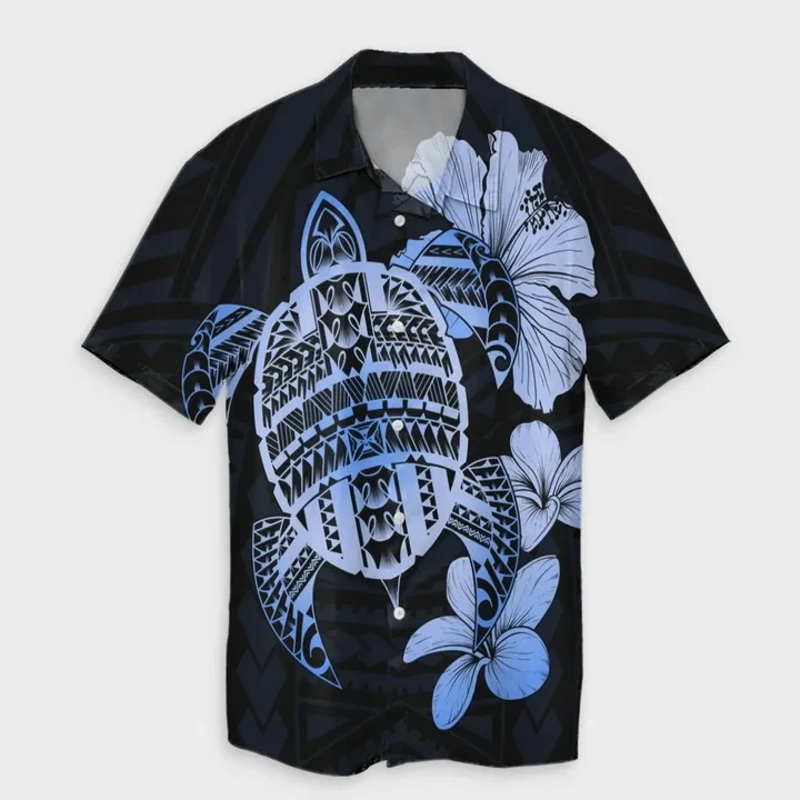 AmericansPower Shirt - Hawaiian Kanaka Hibiscus Plumeria Mix Polynesian Turtle Hawaiian Shirt Blue