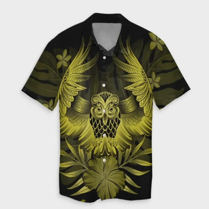 AmericansPower Shirt - Hawaiian Owl Hibiscus Plumeria Polynesian Hawaiian Shirt Yellow