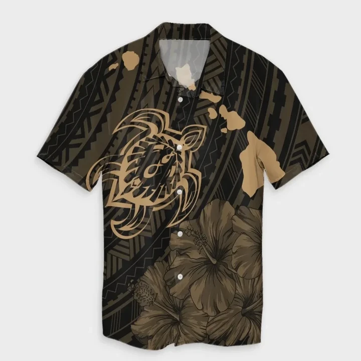 AmericansPower Shirt - Hawaiian Hibiscus Sea Turtle Swim Polynesian Hawaiian Shirt Gold