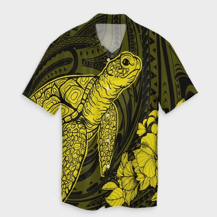 AmericansPower Shirt - Hawaiian Hibiscus Memory Turtle Polynesian Hawaiian Shirt Yellow