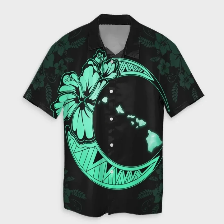 AmericansPower Shirt - Hawaiian Map Hibiscus Turtle Polynesian Moon Hawaiian Shirt Turquoise