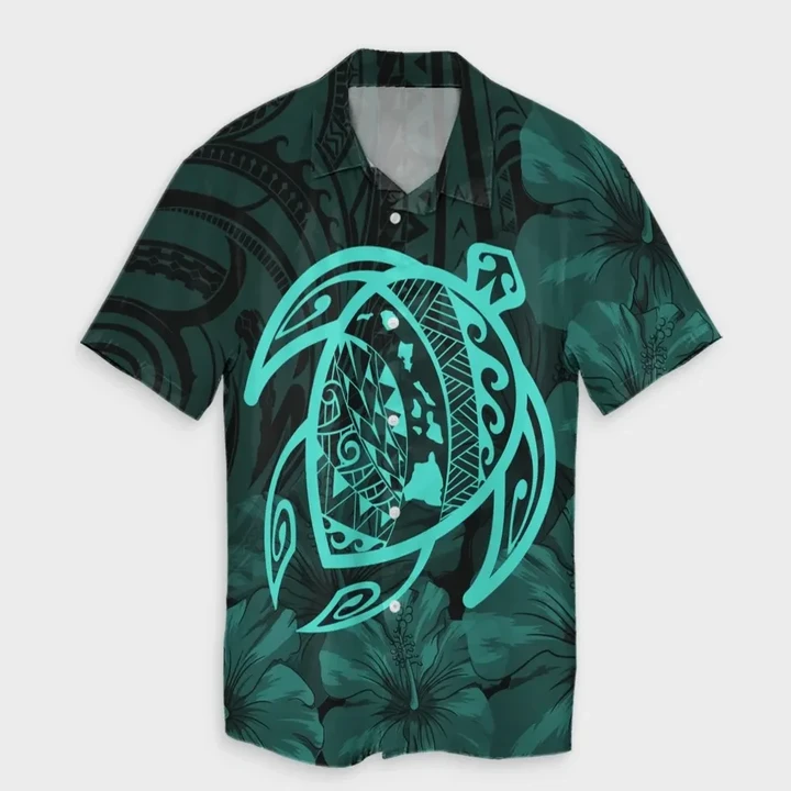 AmericansPower Shirt - Hawaiian Map Turtle Kanaka Hibiscus Polynesian Hawaiian Shirt Turquoise