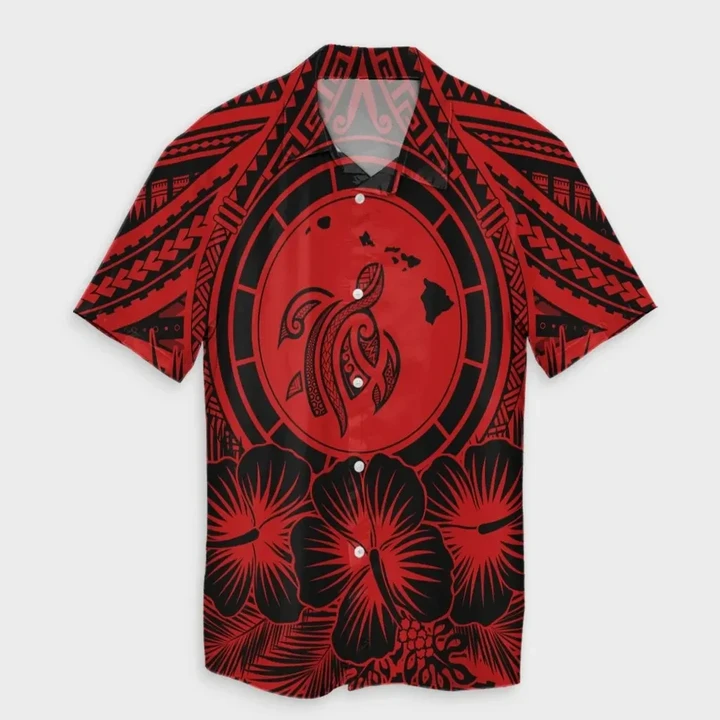 AmericansPower Shirt - Hawaiian Map Honu Hibiscus Tropic Red Polynesian Hawaiian Shirt