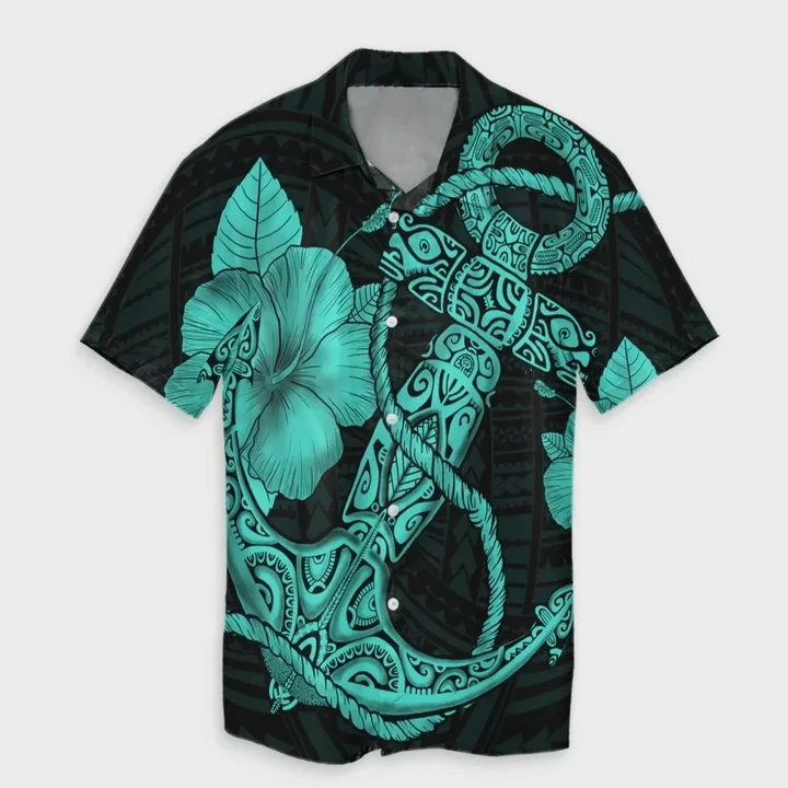 AmericansPower Shirt - Hawaiian Anchor Poly Tribal Hibiscus Polynesian Hawaiian Shirt Turquoise