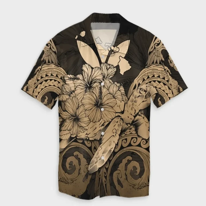 AmericansPower Shirt - Hawaii Turtle Wave Polynesian Hawaiian Shirt Hey Style Gold