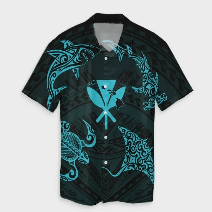 AmericansPower Shirt - Polynesian Turtle Hammerhead Shark Ray Kanaka Hawaii Hawaiian Shirt Circle Blue