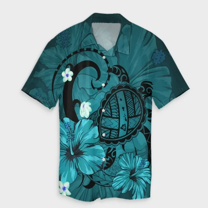 AmericansPower Shirt - Hawaiian Map Big Turtle Hibiscus Plumeria Tribal Polynesian Hawaiian Shirt Turquoise
