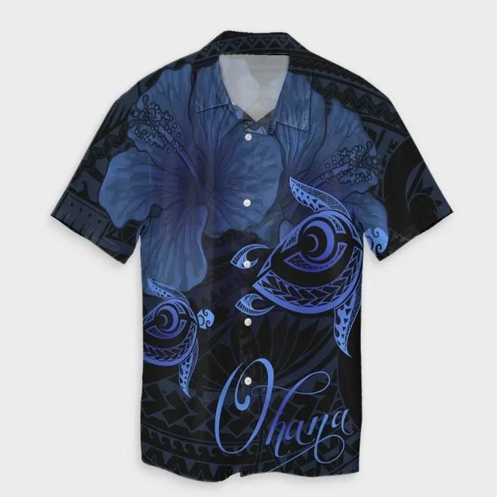 AmericansPower Shirt - Hawaii Turtle Ohana Hibiscus Poly Hawaiian Shirt Blue