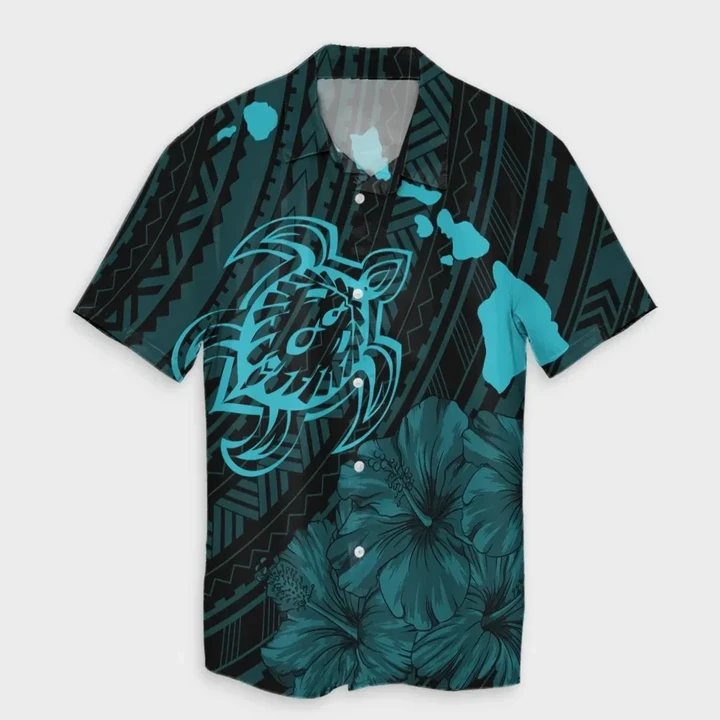 AmericansPower Shirt - Hawaiian Hibiscus Sea Turtle Swim Polynesian Hawaiian Shirt Blue